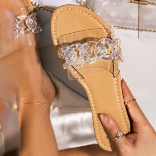 Fashion sexy roman style transparent chain decoration flat outdoor female slippers 2021 summer new style Plus Size Beach Slipper