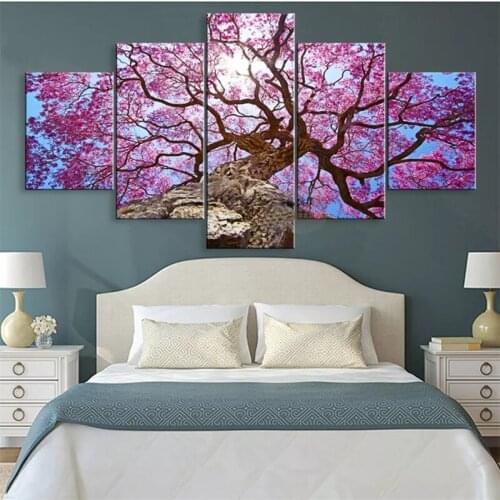 Wall Art Paintings 5 Piece Blooming Cherry Blossom Tree Living Room Hd Printed Canvas Poster Frame Home Decor Modular Pictures