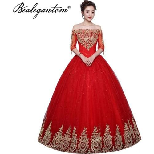 Bealegantom Cheap Red Gold Lace Quinceanera Dresses Ball Gown Appliques Lace Up Sweet 16 Prom Party Gown Vestido 15 Anos QD119