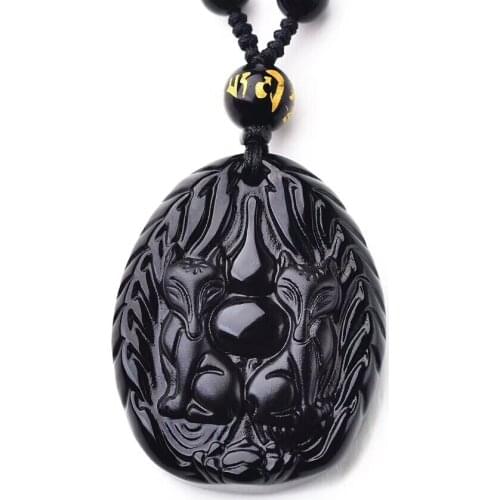 Obsidian Fox Necklace Pendant Nine-tailed Fox Jade Pendant Lucky Amulet Jewelry Womens Jade Jewelry