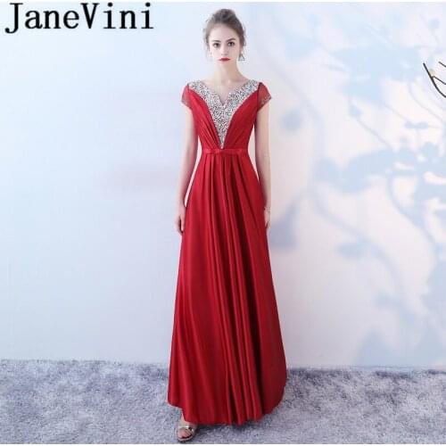 JaneVini Luxurious Red Long Bridesmaid Dresses With Sleeves V Neck Beaded Sequined Backless Satin Floor Length Vestiti Damigella