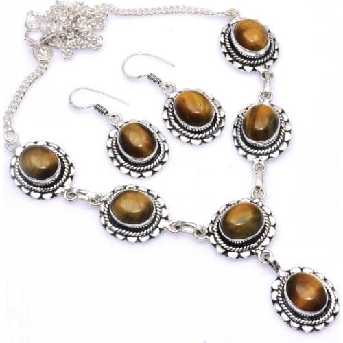 Genuine Tiger Eye Necklace Earing Silver Overlay over Copper , 49 cm, N4557