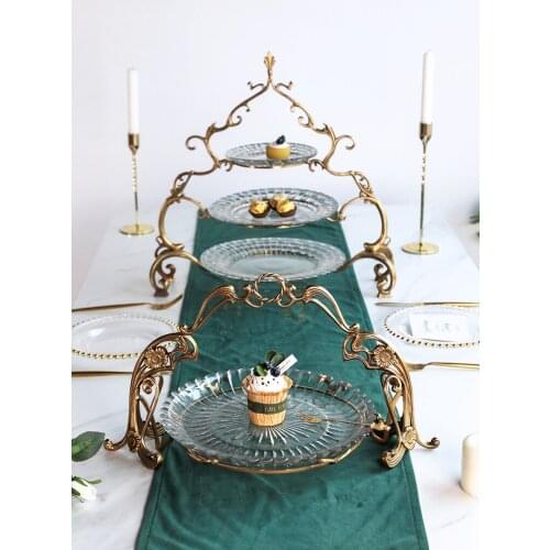 Luxury Palace Style Brass Multi Layer Fruit Plate Home Living Room Dining Dessert Table Decor Glass Plate Dessert Cake Stand