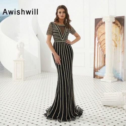 Luxury Crystal Mermaid Evening Dresses 2020 Short Sleeve Mermaid Long Formal Dress Party Dubai Robe De Soiree Prom Dress