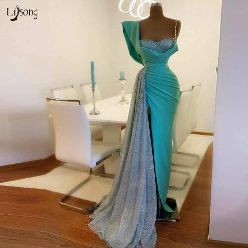 Sexy Turquoise High Side Split Prom Dresses 2020 Mermaid Sequined Long Prom Gowns Crystal Formal Dresses Vestidos De Festa
