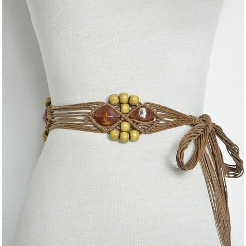 Vintage Women Beads Faux Gemstone Braided Wide Waist Belt Strap Dress Waistband Womens belt personality waist belt Tie-in shirt