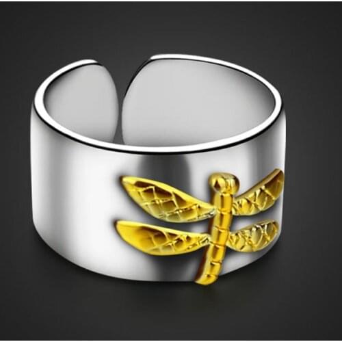 High quality fashion golden dragonfly ring. Simple Solid 925 Sterling Silver 10mm Wide Ring Adjustable Size Women Ring jewelry