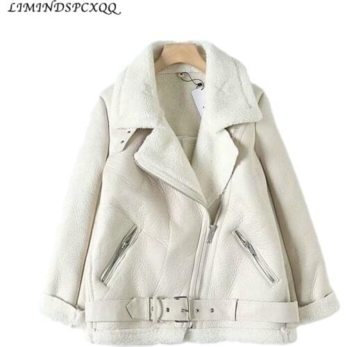 Women Beige Fur Faux Leather Jacket Coat With Belt Turn Down Collar Ladies 2021 Winter Jacket Women Thick Warm Oversized Coat