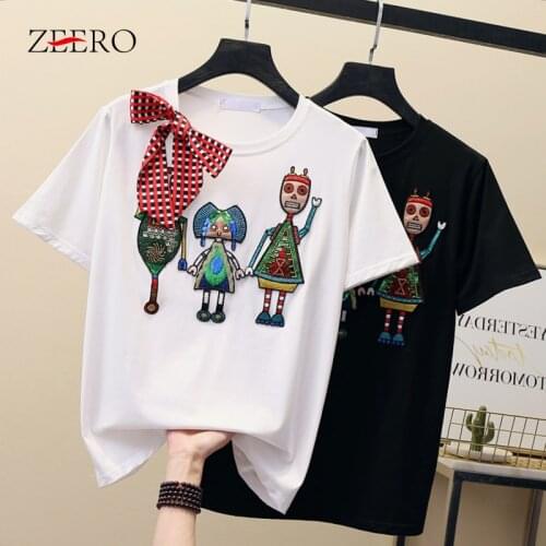 Women Luxurious Embroidery Higt Quality Sequins Cartoon T Shirt Lady O-neck Bow Tee Shirt Cotton Casual Tshirt Summer Female Top