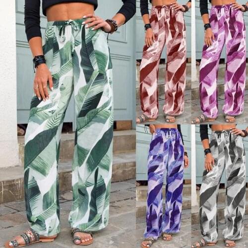 Boho Womens Leaves Print Wide Leg Palazzo Pants Summer Ladies Holiday Beach Casual Loose Trousers Pants