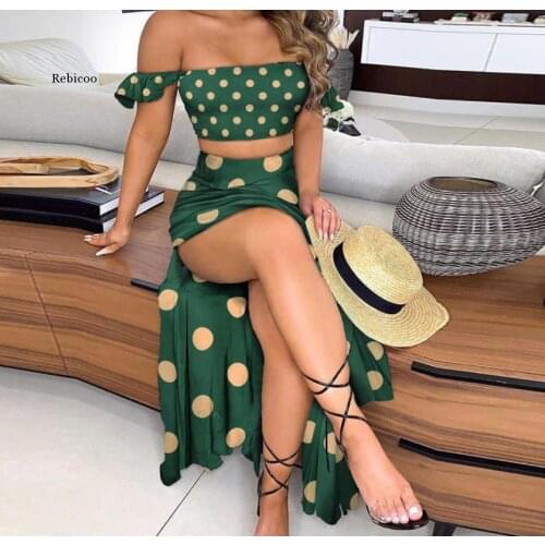 Ladies Sexy Wrapped Chest Off Shoulder Polka Dot Printed Top and Super Long Rock Suit