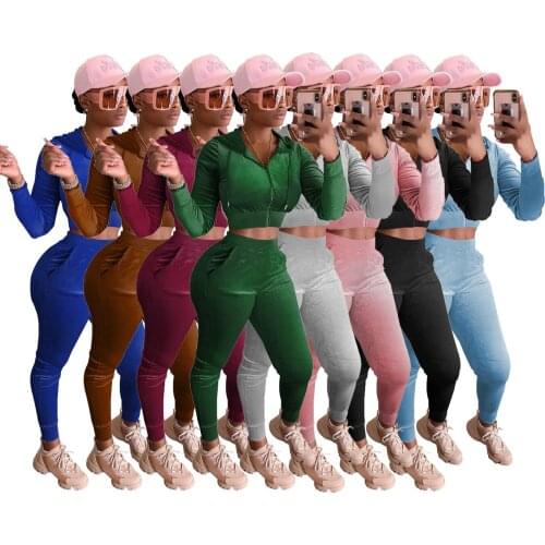 Velour Two Piece Set Women Tracksuit Velvet Long Sleeve Zipper Hooded Sweatshirt Crop Top Pants Matching Set Sporty Streetwear