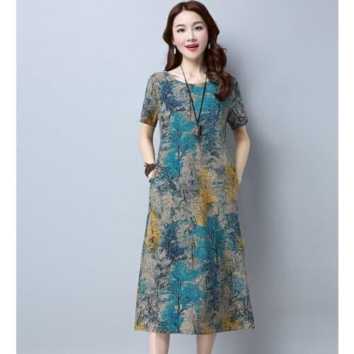 2021 Cotton Linen Summer Dress Women Loose Plus size Dress OL work Wear vintage Print beach Sundress dresses vestidos RV598