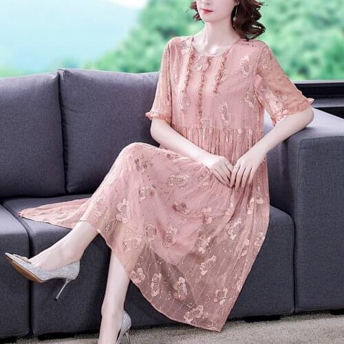 2021 Casual Pink Floral Embroidery Mulberry Silk Midi Dress Summer Vintage Loose 5XL Plus Size Dress Elegant Women Party Vestido