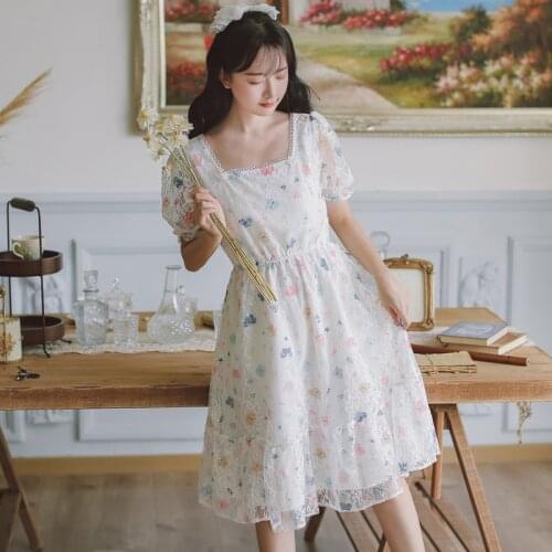 Summer Robe Femme French Fairy Dress Chic Square Neck Elegant Bowknot Printed Sweet Dress Romantic Mesh Dresses