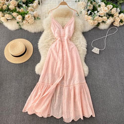 Summer New Style Bohemian Vestidos Feminine Deep V-neck Buckle Slim-fit Split Split Ruffled Holiday Midi Dress GK334