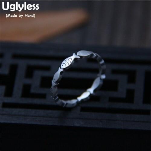 Uglyless Real S 999 Silver Fine Jewelry for Women Handmade Engraved Fishes Finger Rings Ethnic Totem Animal Ring Lovely Bijoux