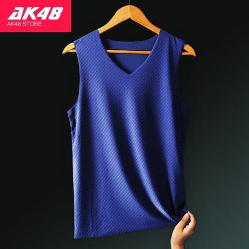 Mens Vest Ice Silk Unretoused Mens Summer Slim V-Neck Sweatshirt Youth Sports Crossbar Sleeveless Underwear Undershirt