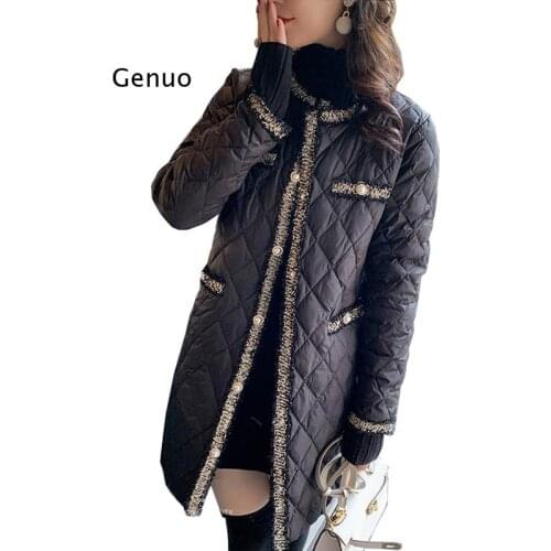 Winter Wadded Coat Women Elegant O Neck Button Lightweight Long Warm Outerwear Tassels Patchwork Female Black Padded Jacket