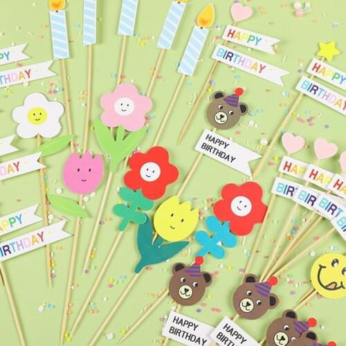 1set Bear Flower Heart Cake Cupcake Topper Cake Flags Kids Baby Shower Birthday Wedding Cake Decoration Flamingo Party Supplies