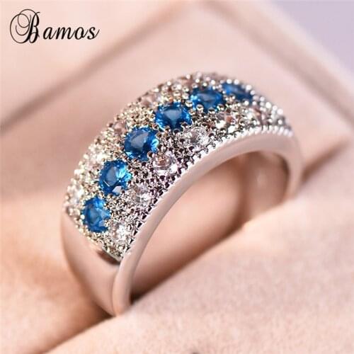 Bamos Round Finger Ring Simple White/Blue/Green/Purple Zircon Ring With Stone For Women Fadhion Jewelry Engagement Best Gifts