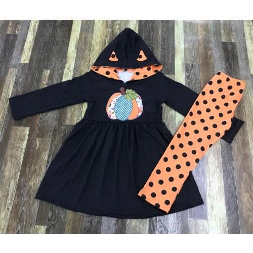 Boutique Baby Girl Fall Hooded Cute Cat Ear Pumpkin Black Long Sleeved Dress Polka Dot Tight Pantsuit