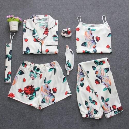 Sets Pyjamas Set Sleepwear Silk Satin Pajamas Pijama Pajamas Suit Female Sleep Two Piece Set Loungewear7 Pieces Womens