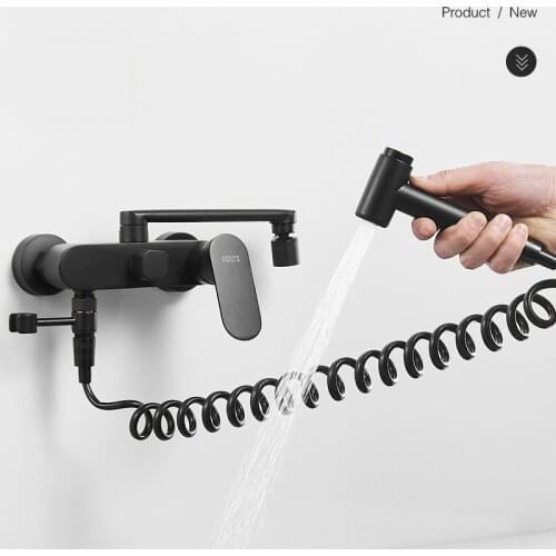 Matte Black Long Spout Kitchen Faucet Wall Mounted Cold and Hot Bathtube Tap All Matel With BIdet Can As Bathroom Faucet