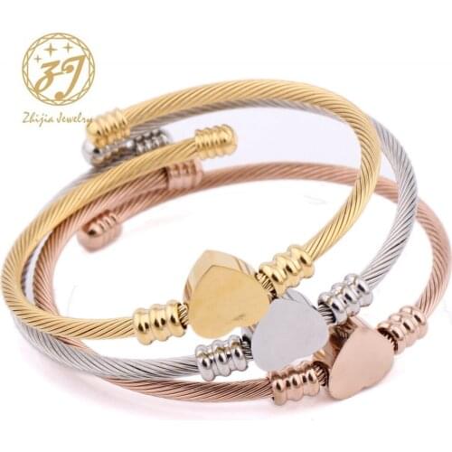 Zhijia Trendy Cuff Bracelets Bangles for Woman 3 Color Stainless Steel Bracelet with Heart Pendant Luxury Jewelry Brand