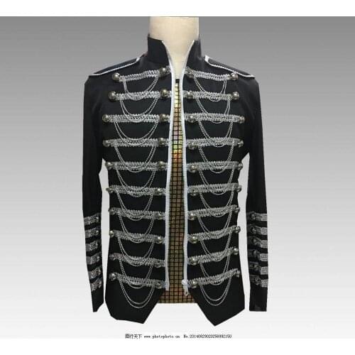 Metal Style Male Black Zipper Slim Blazer Jacket Male Chorus Stage Performance Costumes Man Military Style Casual Party Tailcoat