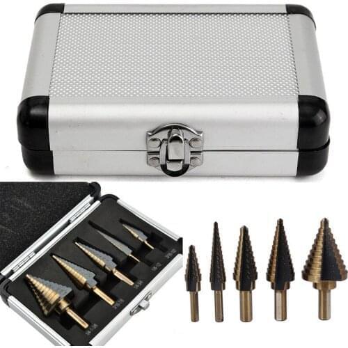 5Pcs English Ladder Drill Bit Set Aluminum Boxed Stepped Drill Steel Triangular Shank High Dpeed Steel Step Drill Bits