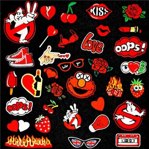 Red Ghost Kiss Embroidery Patches For Clothing DIY Iron On Patches On Clothes Anime Patch Rose flower Cartoon Stripe Badges