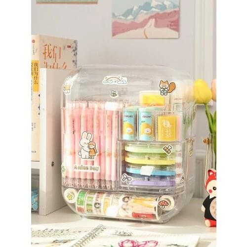 Kawaii Large Capacity Transparent Drawer Type Desktop Stationery Organizer Desk Finishing Storage Box Pen Holder School Office