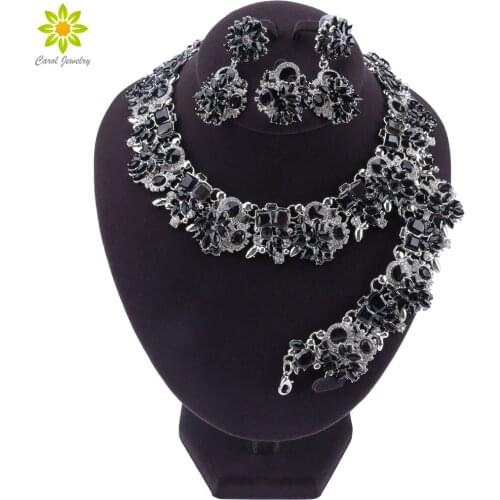 Luxurious Dubai Style Wedding Jewelry Sets Crystal Statement Bridal Silver Plated Necklace Earrings Set Christmas Gift for Women