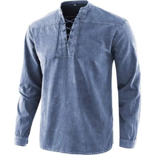 Men Shirt Stand collar long sleeve shirt Lace Up Vintage Stand Collar Long Sleeve vintage Men Top Summer Shirts Streetwear 2021