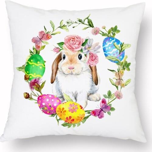 Happy Easter Cushion Covers Rose Flower Eggs Pillow Case White Polyester 45X45cm Sofa Bedroom Decoration