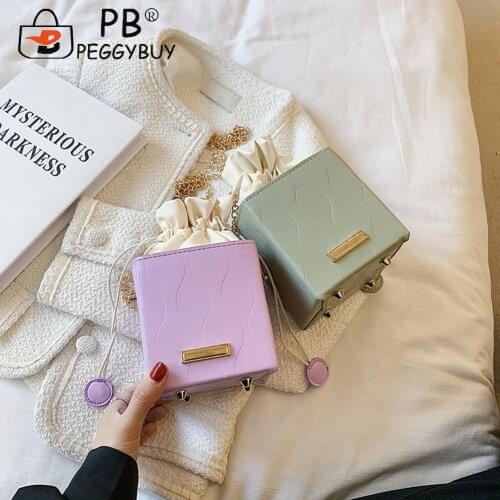 Fashion Women Designer Handbag Drawstring PU Leather Chain Solid Color Mini Box Shoulder Messenger Bags for Women