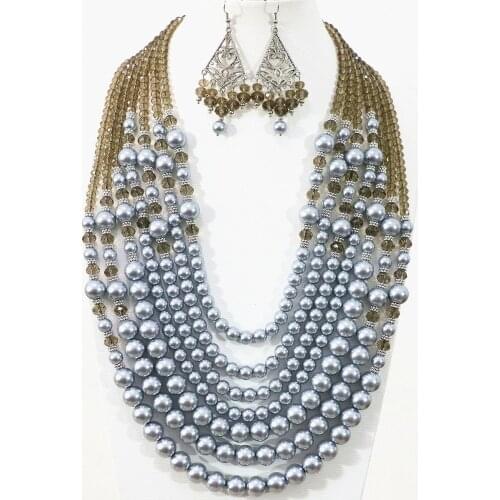 Fresh gray 7 rows elegant necklace earrings round shell simulated-pearl crystal beads charm jewelry set 19-27.5inch B1311
