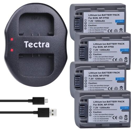 Tectra 4pcs NP-FP50 Camera Battery + Dual USB Charger for Sony DCR-HC30 40 43E 65 85 94E 96 DCR-SR30 40E 50E 60E 70E 80E 100