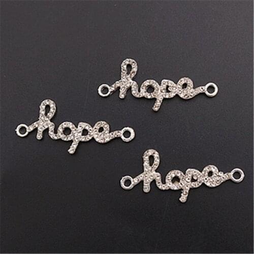 WKOUD 6pcs handmade rhinestone Silver Color letters hope charm fashion bracelet necklace DIY metal jewelry alloy connectors