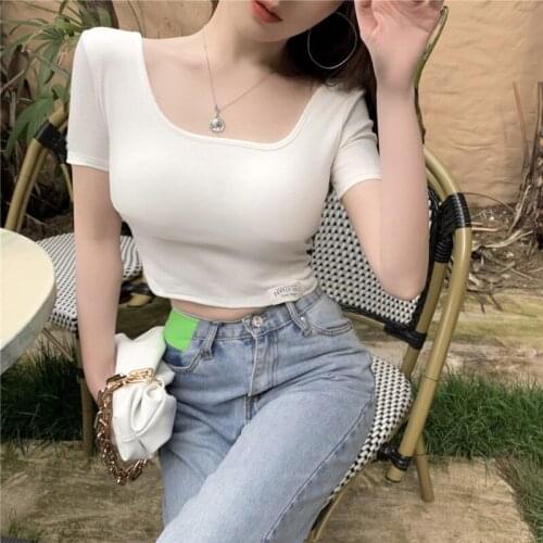 WOMENGAGA Summer New Solid Color O-neck Short Sleeve Women Top Korean Fashion Skinny Open Navel Casual T-shirt AML0
