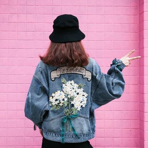 Denim clothing embroidered denim jacket female loose 2019 new Harajuku Hong Kong style retro Korean short version