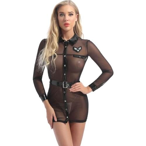 Women See-through Mesh Police Shirt Patent Leather Long Sleeve Leotard Mini Dress Female Blouse with Belt for Cosplay Party