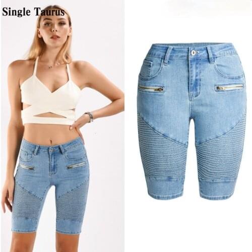Moto Biker Jeans Women Knee Length Streetwear Skinny Denim Pants Mujer 2019 Summer Pleated Cowboy Vaqueros Mujer Womens Clothing