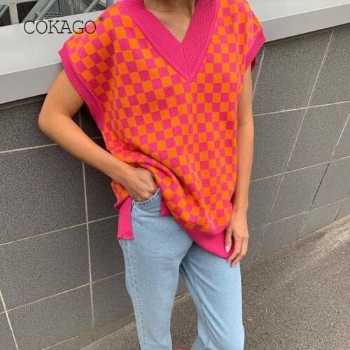 COKAGO Womens vest Checkerboard Plaid V-neck Sleeveless Knitted Sweater Tops Women Chic Oversized Waistcoat Vintage Female