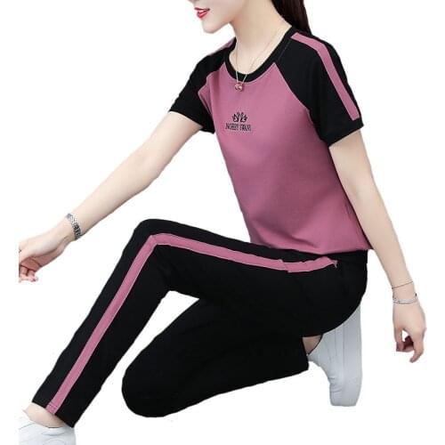 2021 Women New Fashion Summer Sports Suit Round neck Short sleeve Stitching Long pants Letter Cotton Large size Slim Suits OK720
