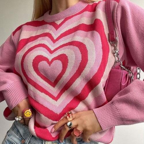 SEASONS Heart Print Pink Kawaii Cute Knitted Sweaters Womens Autumn Casual Loose Lady Jumpers Fashion Korean Pullovers ASSW83820