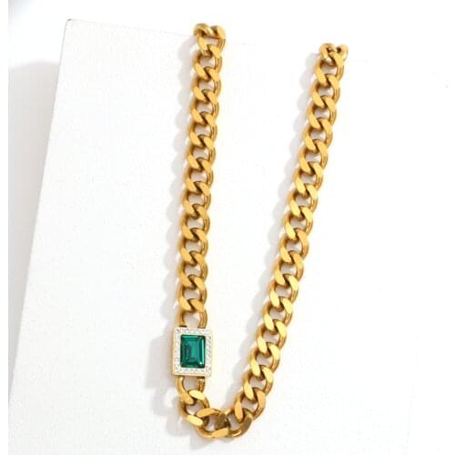 Flashbuy Fashion Gold Color Stainless Steel Necklace Green Top Grade Crystal Thick Cuba Chain Necklace Women Minimalist Jewelry