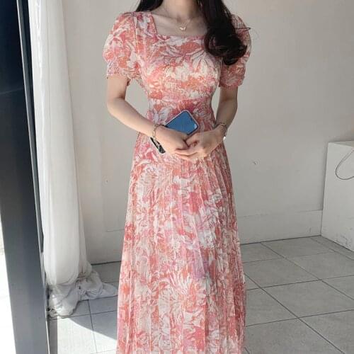 2021 Summer Korean Chiffon Long Dress Women Water-color Printed Short Sleeve Square Collar Pleated Elegant Dresses Femme 15481