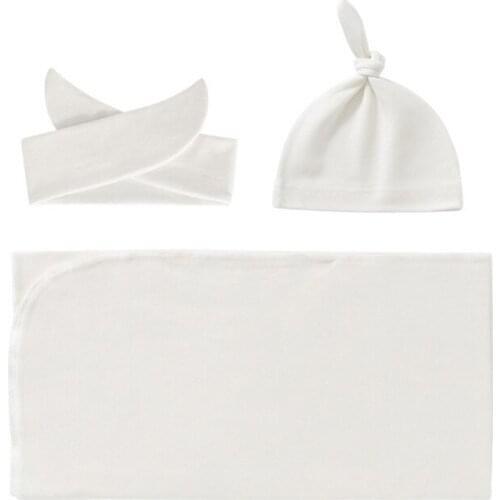 3 Pcs Newborn Swaddling Wrap + Headband + Hat Set Baby Cotton Receiving Blanket Sleepsack Hair Band Cap Kit for Infants